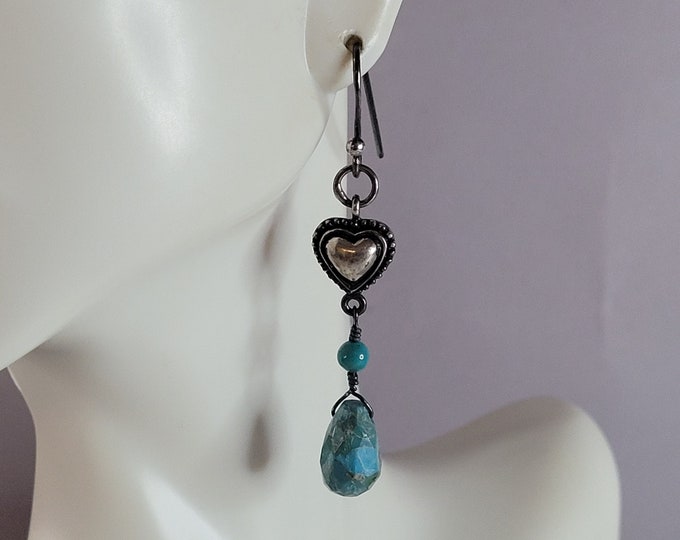 Womens Vintage Estate Sterling Silver Turquoise Heart Earrings 6.2g E4603