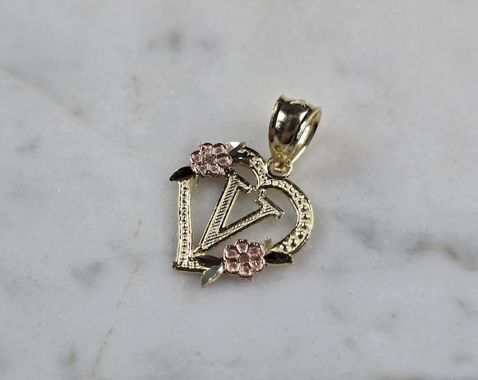 Womens 10K Yellow & Rose Gold Initial Letter " V "  Heart Pendant 0.9g E6251