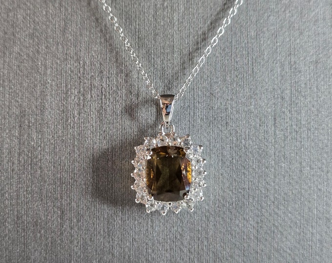Womens Vintage Estate Sterling Silver Smoky Quartz Pendant Necklace 4.5g E7856