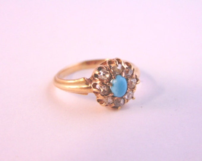 Womens Vintage Estate 14K Yellow Gold Diamond Turquoise Ring 2.8g E2454