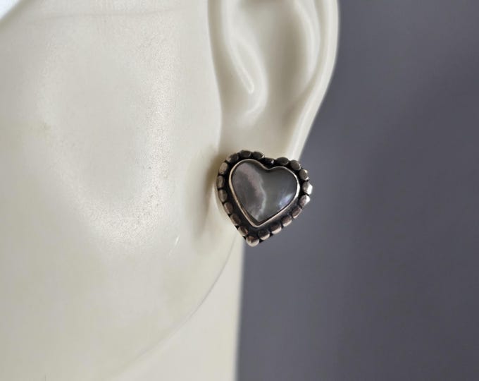 Womens Vintage Estate Sterling Silver MOP Heart Stud Earrings 3.3g E5592