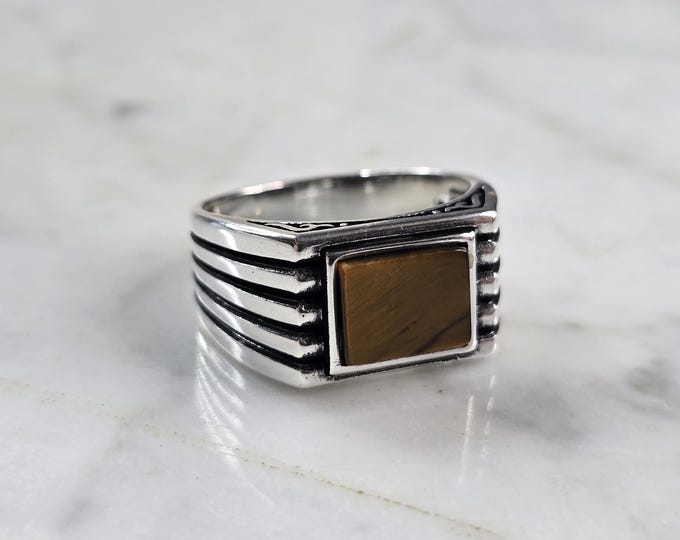 Mens Sterling Silver Modernist Tigers Eye Ring 8.5g E2328