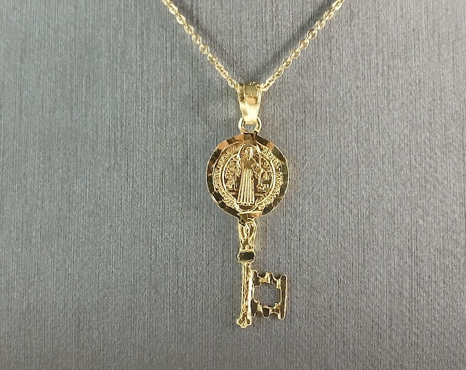 Womens Sterling Silver Gold Tone Saint Benedict Key Pendant Necklace 3.1g E3681