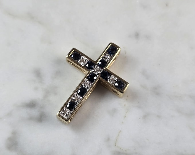 Womens 10K Gold Sapphire Ruby Diamond Reversible Cross Pendant 3.3g E5715