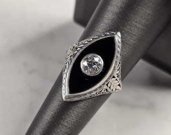 Womens Vintage Estate Platinum Onyx Diamond Ring, 4.7g E4839