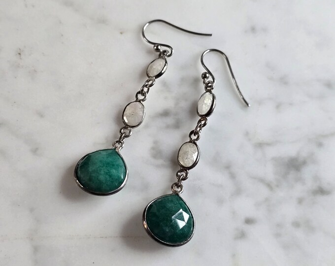 Pr Womens Sterling Silver Aventurine Moonstone Dangle Earrings 5.2g E7962