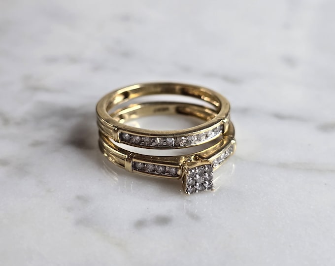 Womens Vintage Estate 10K Yellow Gold Diamond Engagement Ring Set, 3.2g E5685