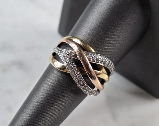 Womens Vintage Estate 10K Mixed Gold Diamond Criss Cross Ring, 4.2g E7833