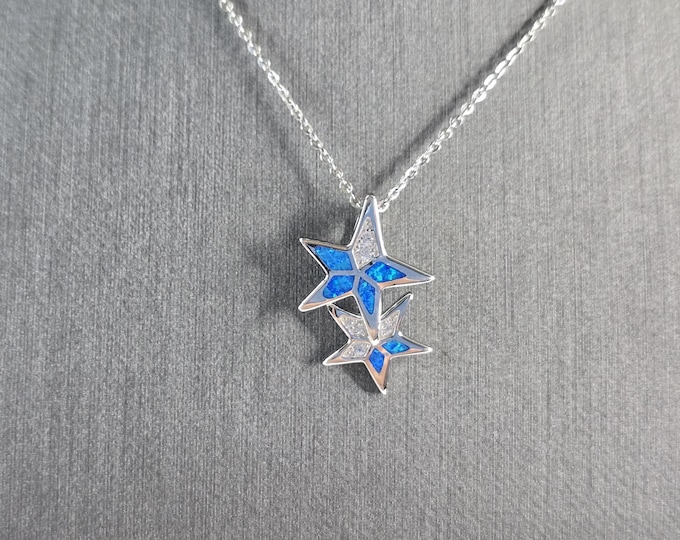 Womens Sterling Silver Blue Opal Star Pendant Necklace 3.8g E6894