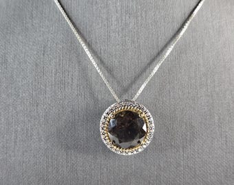 Womens Vintage Estate Sterling Silver Smoky Quartz Pendant Necklace 12.7g E4982