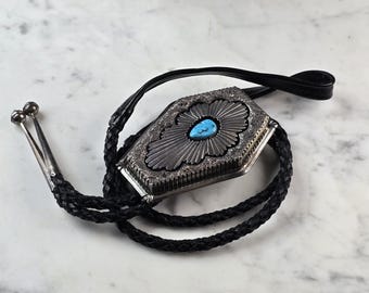 Southwestern Native American Sterling Silver Turquoise Casket Bolo Tie E640