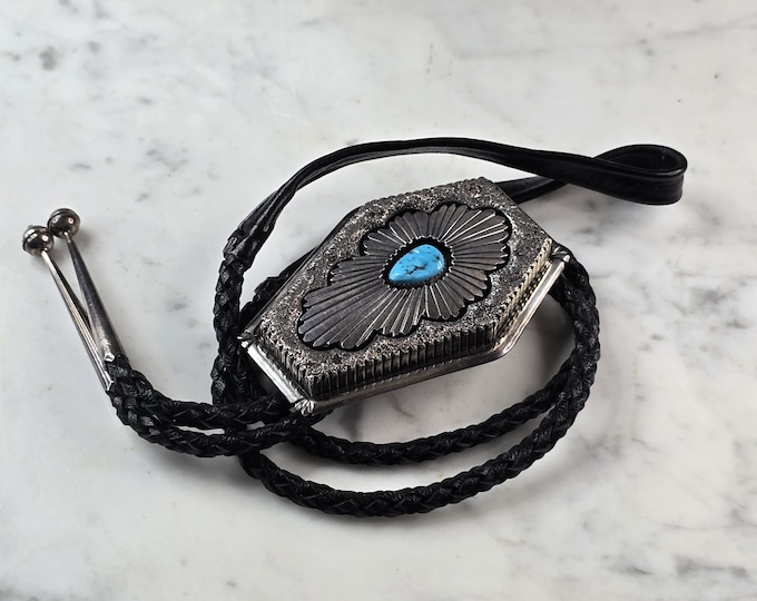 Southwestern Native American Sterling Silver Turquoise Casket Bolo Tie E640