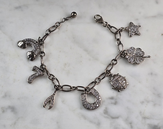 Womens Vintage Estate Sterling Silver Lucky Charm Bracelet 17.7g E4955