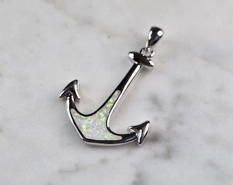 Womens Sterling Silver Opal Maritime Anchor Pendant 3.0g E3884