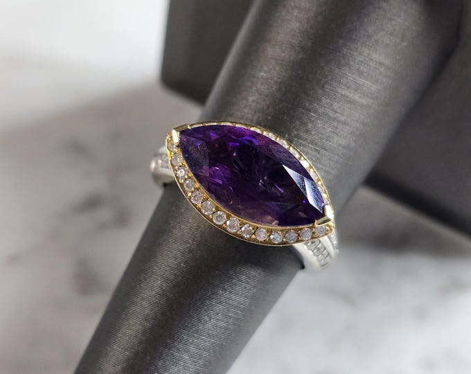 Womens Vintage Estate 14K Mixed Gold Amethyst Diamond Ring 6.7g E6916