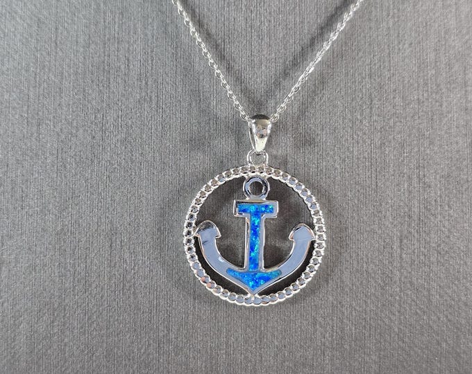 Womens Sterling Silver Blue Opal Maritime Anchor Pendant Necklace 6.3g E3645