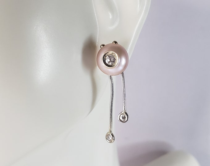 Womens Vintage Estate 14K White Gold Earrings W/ Diamonds & Pearls 3.4g #E2845