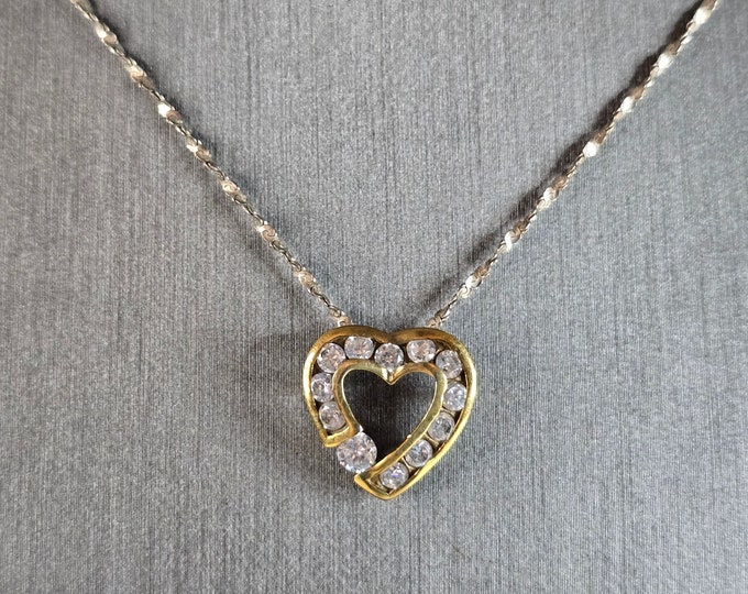 Womens Vintage Estate Sterling Silver Gold Tone CZ Heart Pendant Necklace 4.3g E7433