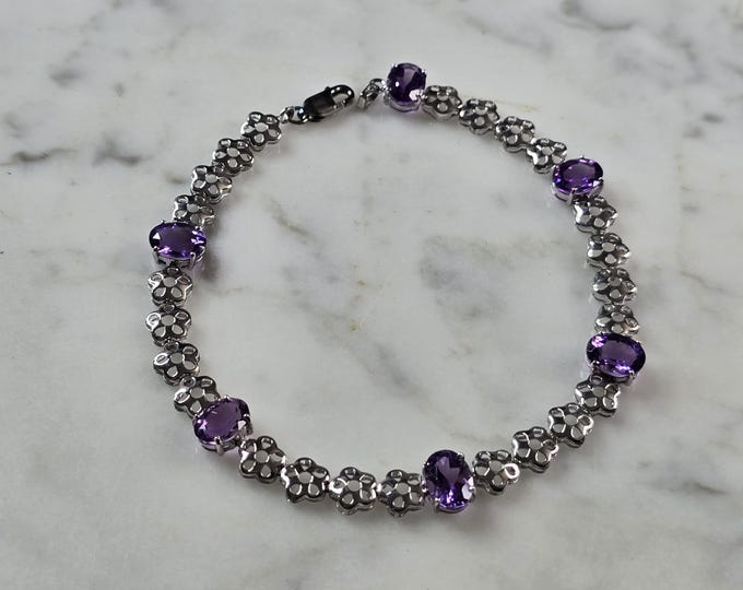 Womens Vintage Estate Sterling Silver Amethyst Bracelet 6.1g E7947