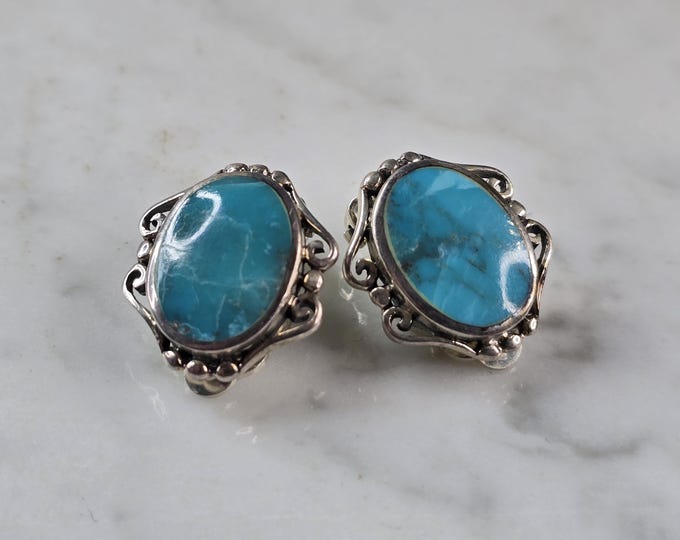 Womens Vintage Estate Sterling Silver Turquoise Clip On Earrings 10.9g E1651