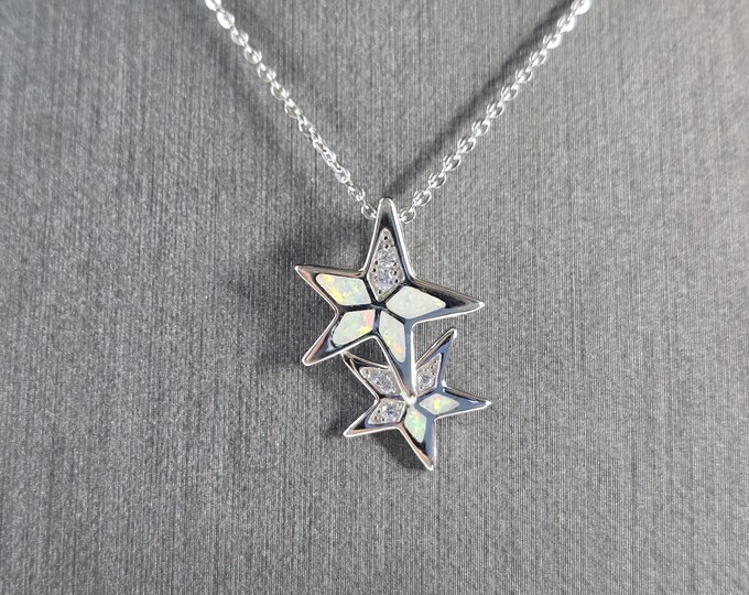 Womens Sterling Silver Opal Star Pendant Necklace 3.8g E6893