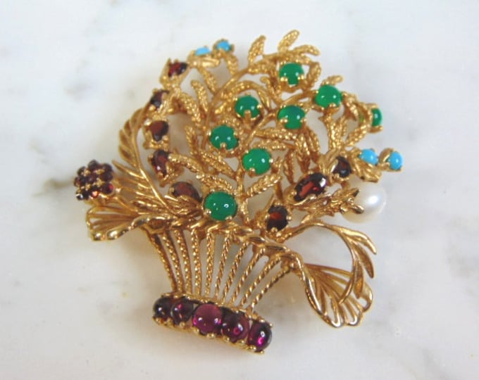 Vintage Estate 14K Yellow Gold Floral Brooch w/ Gemstones 17.6g E3044