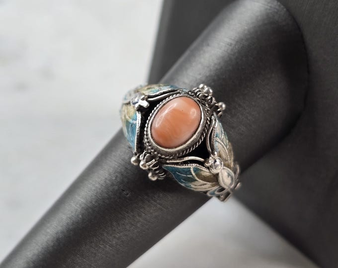Womens Vintage Sterling Silver Southwest Coral Enamel Butterfly Ring 5.8g E635
