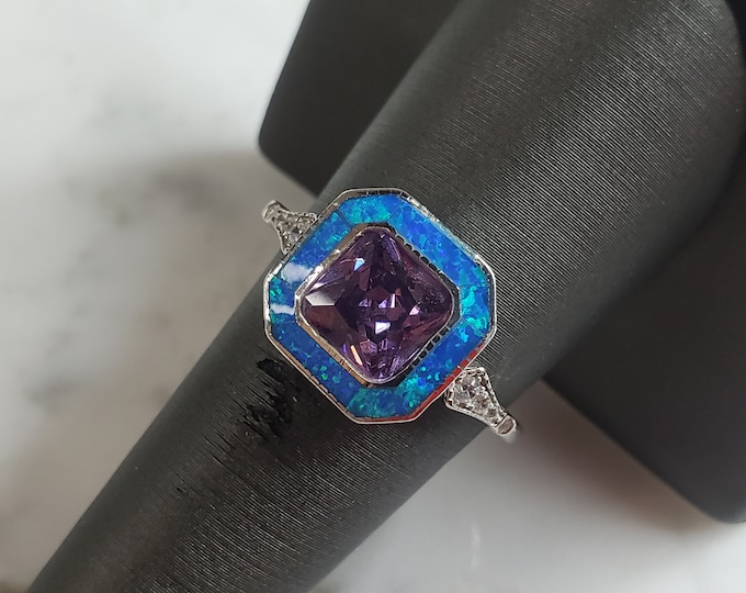 Womens Estate Sterling Silver Modernist Blue Opal & Amethyst Ring 3.8g E4307