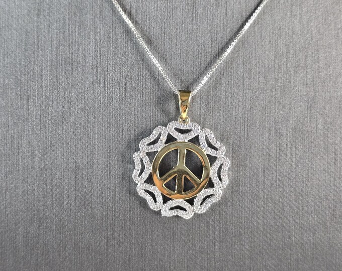 Womens Sterling Silver Gold Tone Peace Pendant Necklace 5.0g E6876