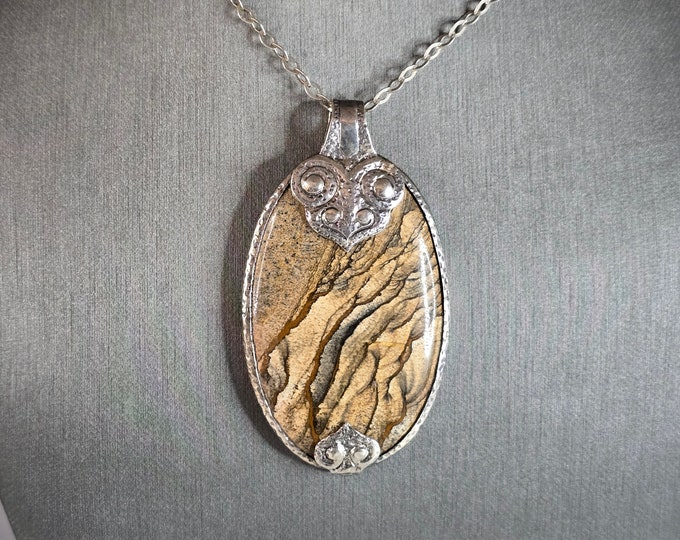 Womens Vintage Estate Sterling Silver Jasper Pendant Necklace 32.6g E7432