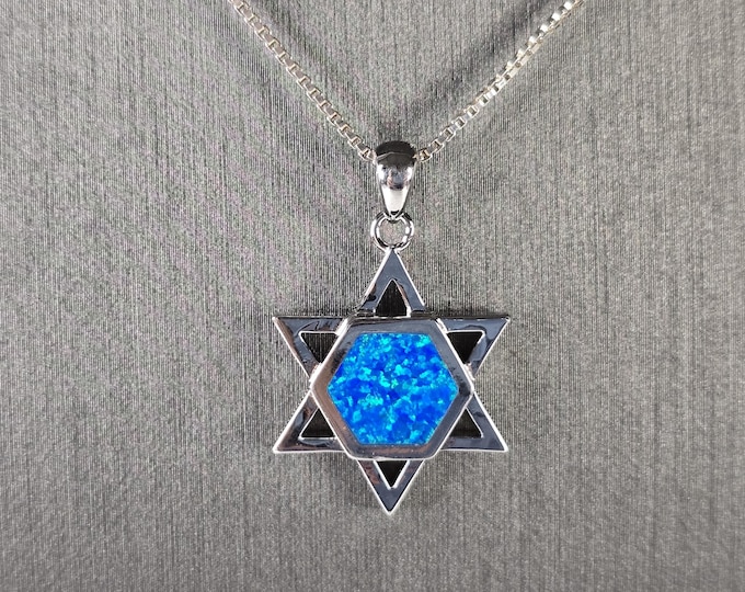 Sterling Silver Jewish Judaica Star of David Opal Pendant Necklace 6.5g E1779
