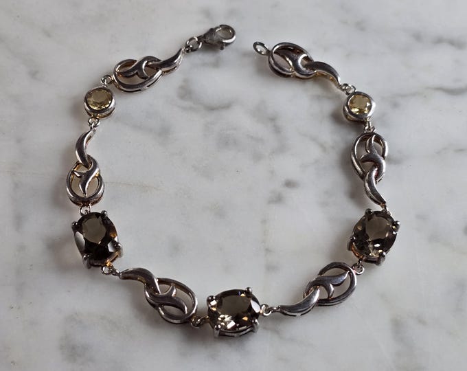 Womens Vintage Estate Sterling Silver Smoky Quartz Citrine Bracelet 9.9g E7136