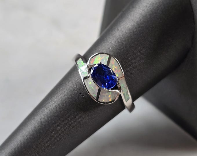 Womens Sterling Silver Opal Tanzanite Modernist Ring 3.3g E4194