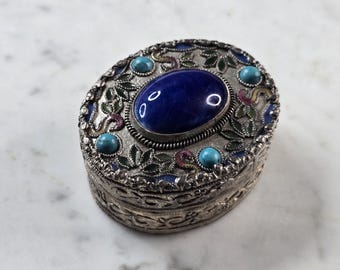 Vintage Collectible Tibetan Silver Lapis Enameled Trinket Jewelry Pill Box E978
