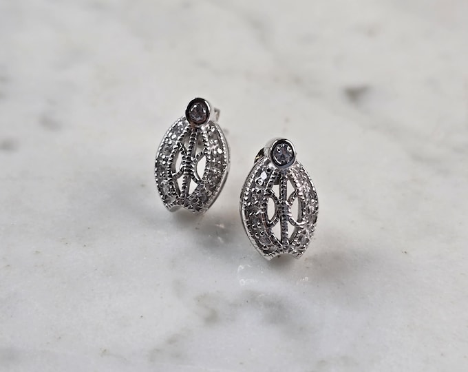 Womens Vintage Estate Sterling Silver CZ Earrings 3.8g E3543