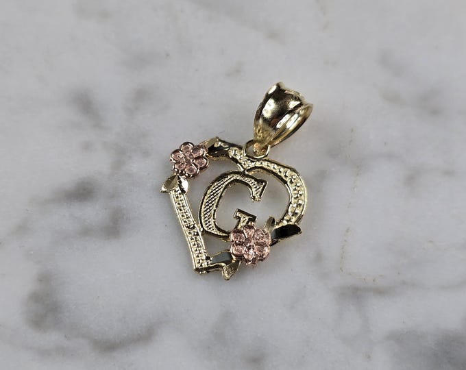 Womens 10K Yellow & Rose Gold Initial Letter " G "  Heart Pendant 0.9g E6258