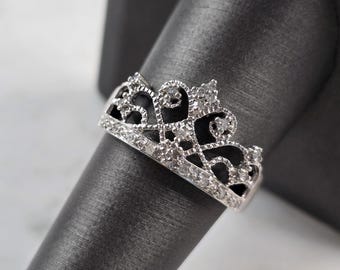 Womens Vintage Estate 10K White Gold Diamond Tiara Ring 3.2g #E3973