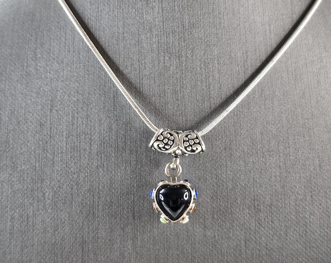 Womens Estate Sterling Silver Onyx Heart Slide Pendant Necklace 13.2g E3273