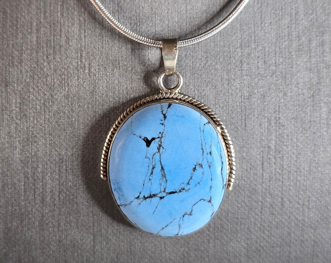 Womens Vintage Estate Sterling Silver Necklace & Turquoise Pendant 21.6g E7241