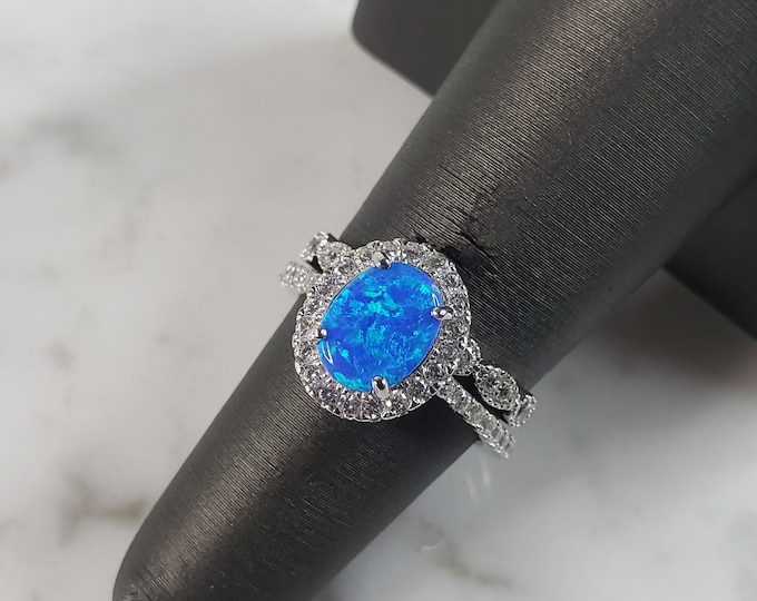 Womens Estate Sterling Silver Modernist Blue Opal & CZ Ring Set 4.6g E1416