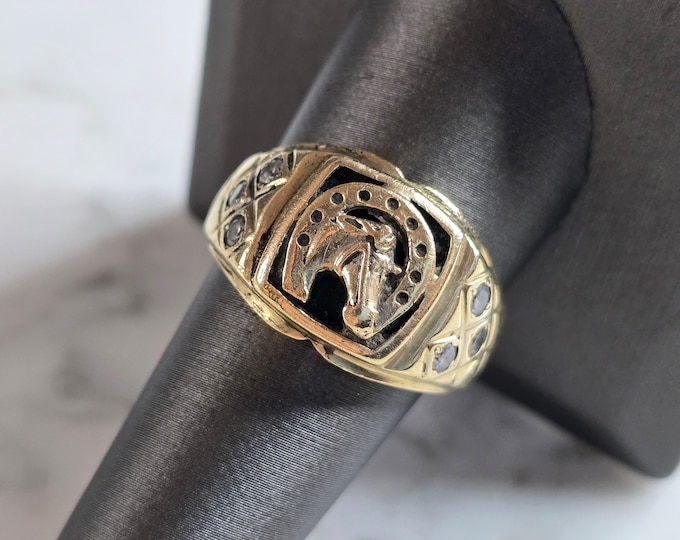 Mens Vintage Estate 14K Yellow Gold Diamond Horseshoe Ring 8.7g E7942