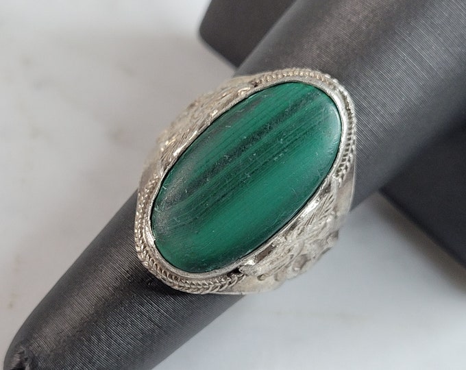Womens Vintage Estate Sterling Silver Malachite Ring 11.2g E6397
