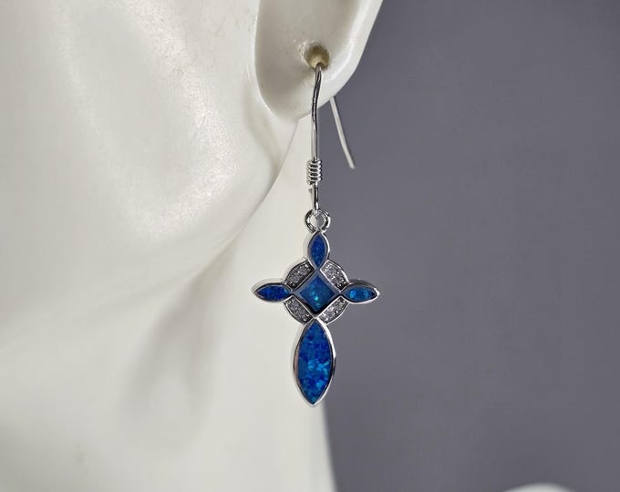 Womens Sterling Silver Blue Opal Cross Earrings 3.3g E3165