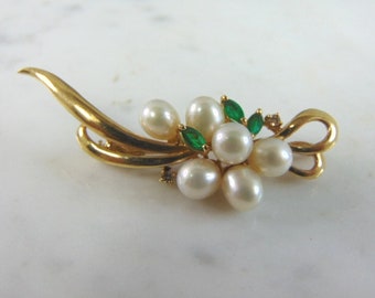 Womens Vintage Estate 14K Yellow Gold Emerald Pearl Brooch 7.5g E4094