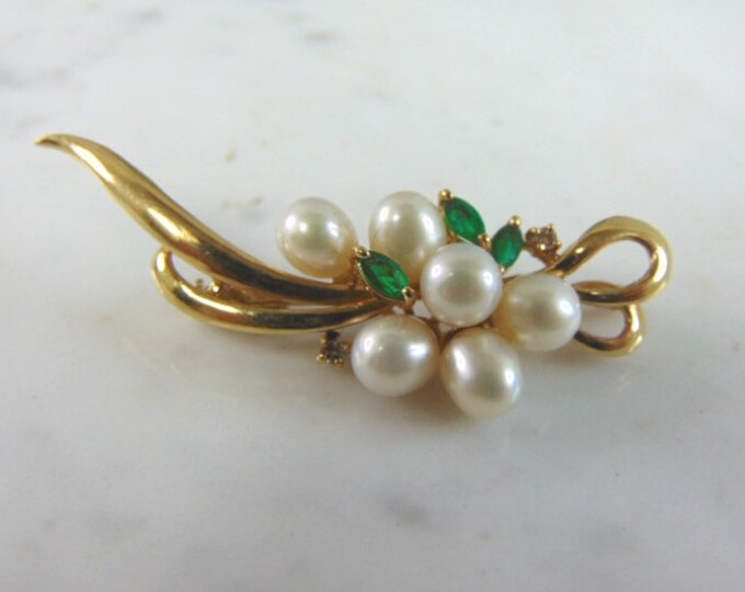 Womens Vintage Estate 14K Yellow Gold Emerald Pearl Brooch 7.5g E4094