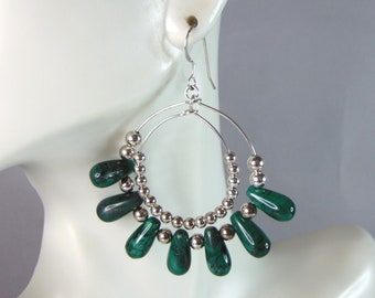 Womens Vintage Estate Sterling Silver Malachite Dangle Earrings 17.2g E6304