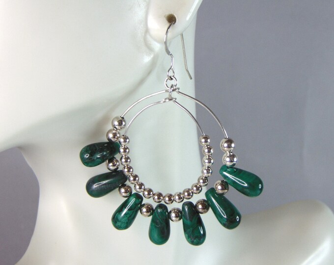 Womens Vintage Estate Sterling Silver Malachite Dangle Earrings 17.2g E6304