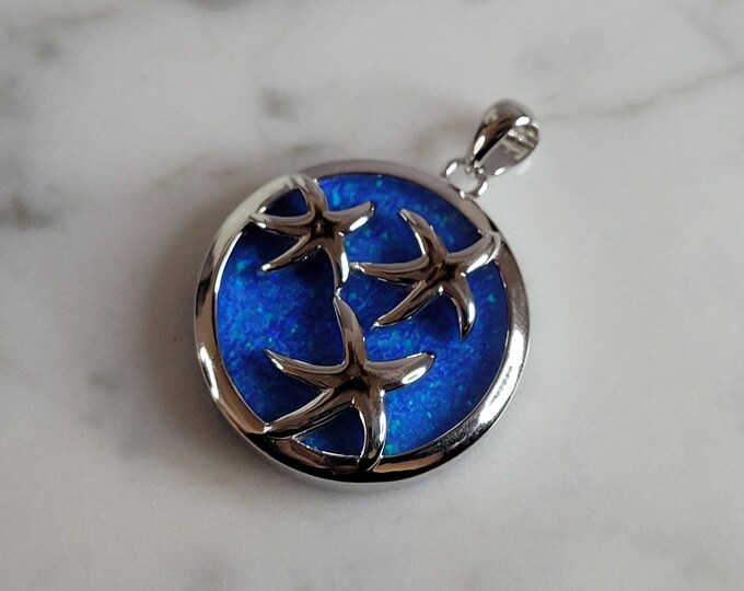 Womens Sterling Silver Blue Opal Star Fish Pendant 6.1g E2754