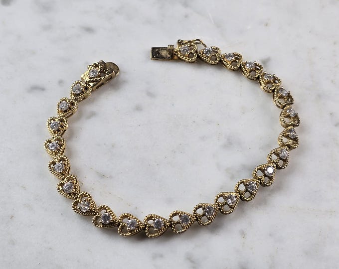 Womens Vintage Estate Sterling Silver Gold Tone CZ Heart Bracelet 13.6g E6661