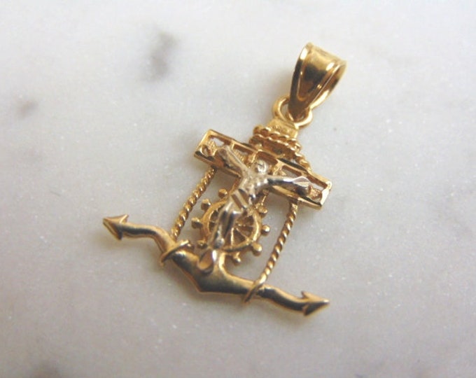 Vintage Estate 14K Yellow Gold Religious Jesus on Cross & Anchor Pendant 1.4g E3584